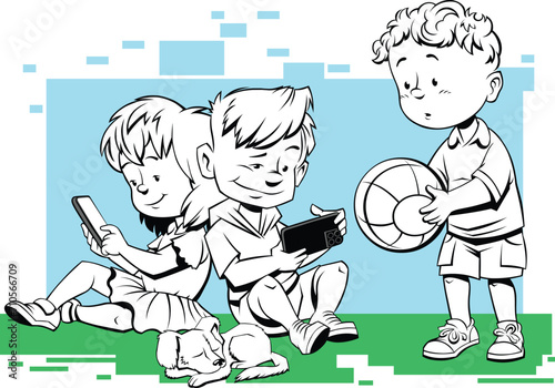 Two children with smartphones and one boy with ball.
Black and White Vector illustration of cartoon kids using phones for texting, surfing internet or using social media.