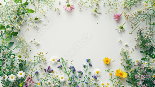 Cottage Garden Wildflowers, Colorful Meadow Flowers, Textured White Background, spring flowers frame, Copyspace for text, Valentine's Day