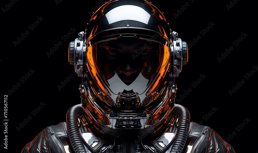 Futuristic astronaut fashion, symetrical, front view, an astronaut with a metal chrome space suit, epic, cinematic, vibrant, luminous, photography, detail, black background. Generative Ai
Futuristic astronaut fashion, symetrical, front view, an astronaut with a metal chrome space suit, epic, cinematic, vibrant, luminous, photography, detail, black background. Generative Ai