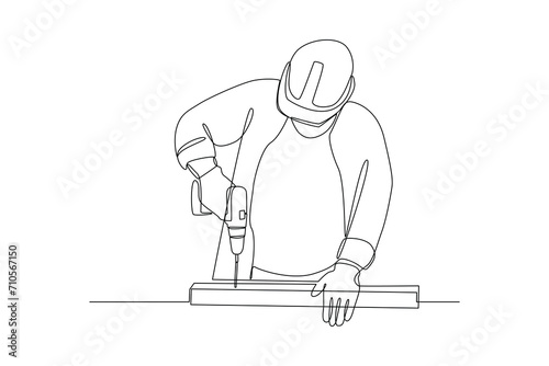 Continuous one line drawing carpenter is drilling wood. Construction worker in uniform and helmet doing work. Builder concept. Repair work services. Single line draw design.