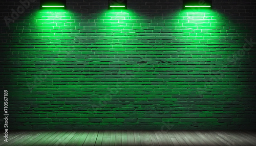 Green neon light illuminating empty brick wall with copy space. Blank background with high-quality stock photo of glowing green color on bricks.