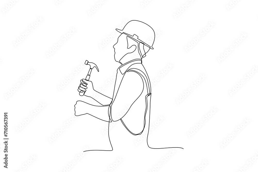 Continuous one line drawing carpenter preparing to hammer the wall. Construction worker in uniform and helmet doing work. Builder concept. Repair work services. Single line draw design vector illustra Continuous one line drawing carpenter preparing to hammer the wall. Construction worker in uniform and helmet doing work. Builder concept. Repair work services. Single line draw design vector illustra