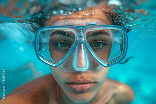 Young woman wearing diving glasses underwater. © Ala