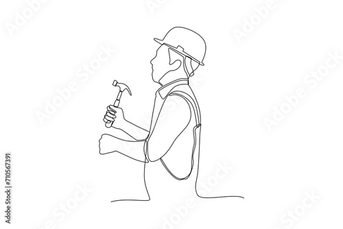 Continuous one line drawing carpenter preparing to hammer the wall. Construction worker in uniform and helmet doing work. Builder concept. Repair work services. Single line draw design vector illustra