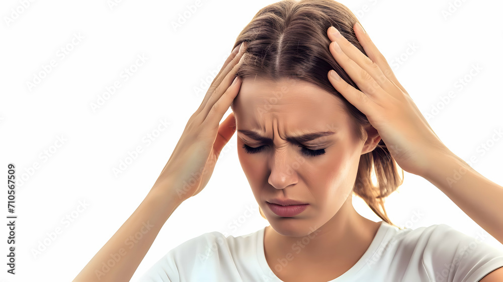 Fototapeta premium A woman with migraine headache holding her head isolated on a white background. High quality