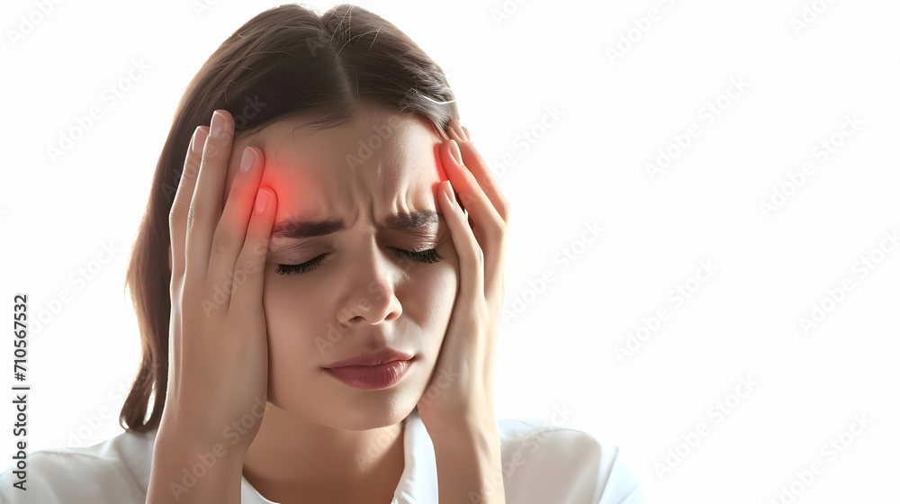 A woman with migraine headaches holding her head with red pain indicators isolated on a white background. High quality A woman with migraine headaches holding her head with red pain indicators isolated on a white background. High quality