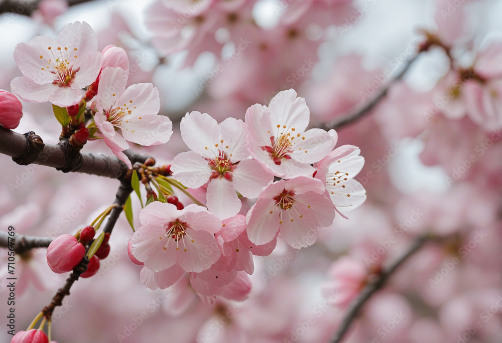 Springtime cherry blossoms at peak bloom. Cherry flowers and buds in full bloom with cherry trees in the background. Focused foreground with shallow depth of field. Springtime cherry blossoms at peak bloom. Cherry flowers and buds in full bloom with cherry trees in the background. Focused foreground with shallow depth of field.
