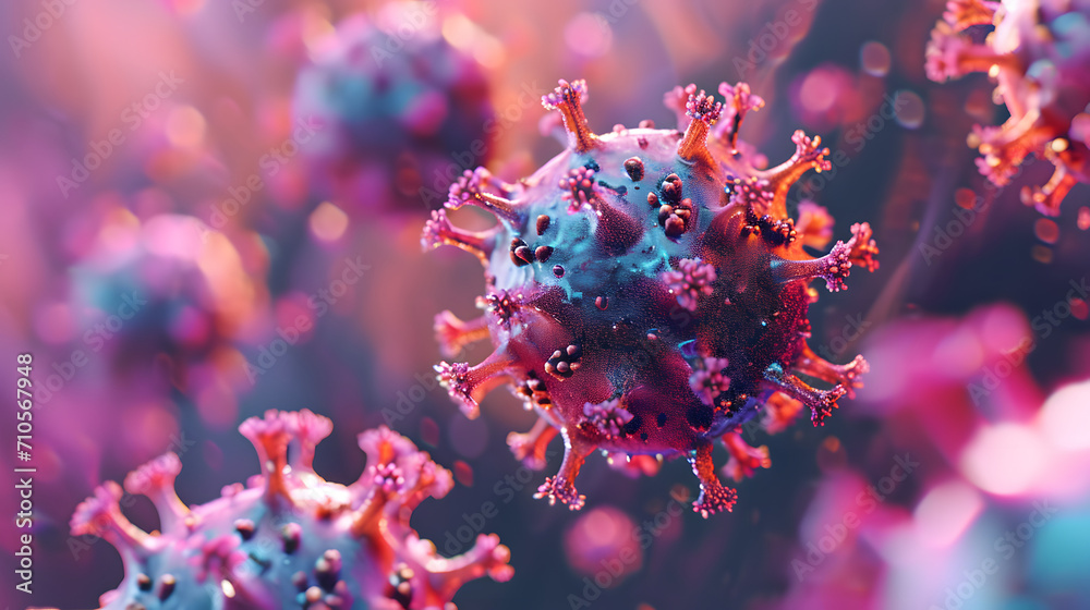 Microscopic macro closeup view of floating influenza virus cells concept illustration - obrazy, fototapety, plakaty 