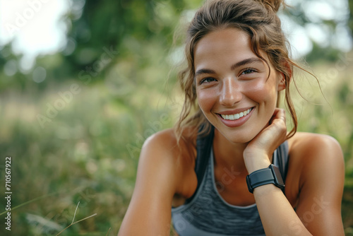Smiling young woman resting after jogging outdoors.