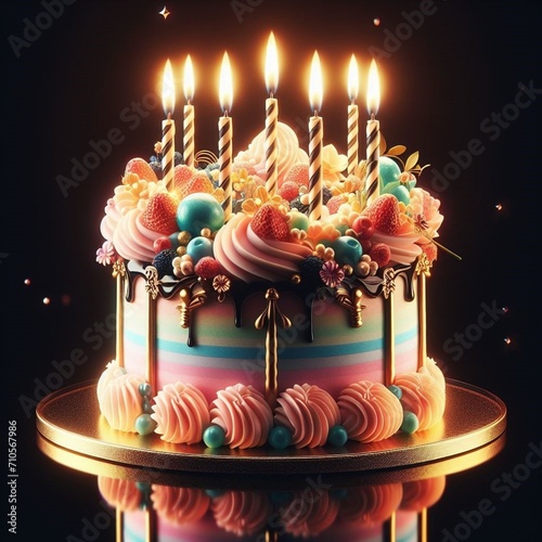 an enticing illustration featuring a birthday cake on a sleek black background