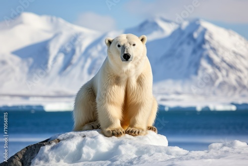 a lone polar bear against a backdrop of icy waters and snow-capped mountains