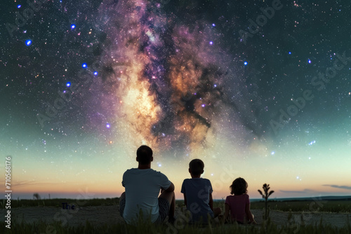 Rear view of a family stargazing under an incredibly beautiful night sky. Lifestyle concept of night view and Milky Way. photo