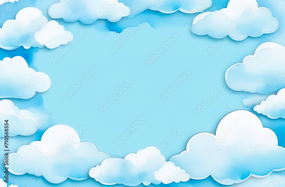 Cute blue background with watercolor clouds and empty copy space, baby boy backdrop