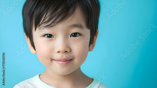 An Asian smiling small boy on a solid blue background. High quality