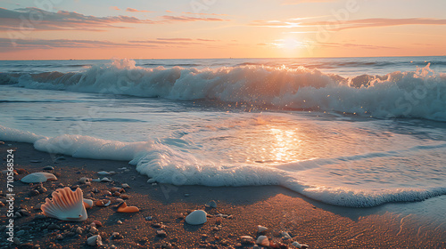 A tranquil beach scene bathed in warm sunset tones over gentle waves crashing onto the shore, dotted with seashells