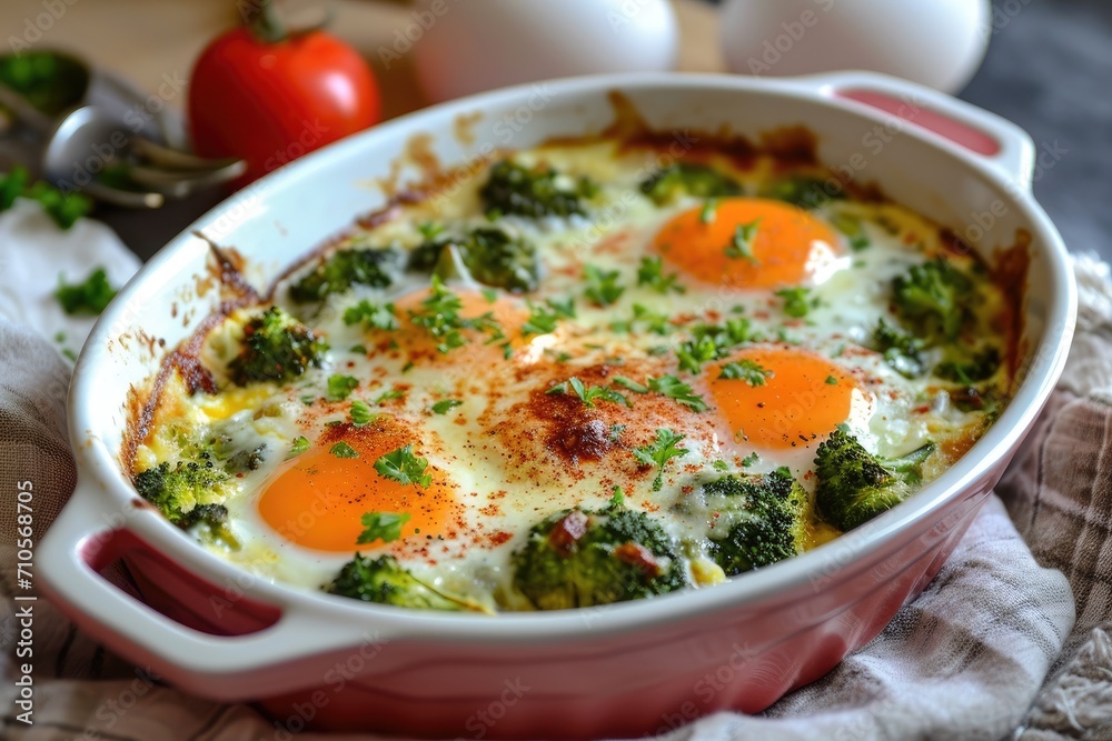 Baked broccoli with eggs and cheese, vegetarian food. Baked broccoli with eggs and cheese, vegetarian food.