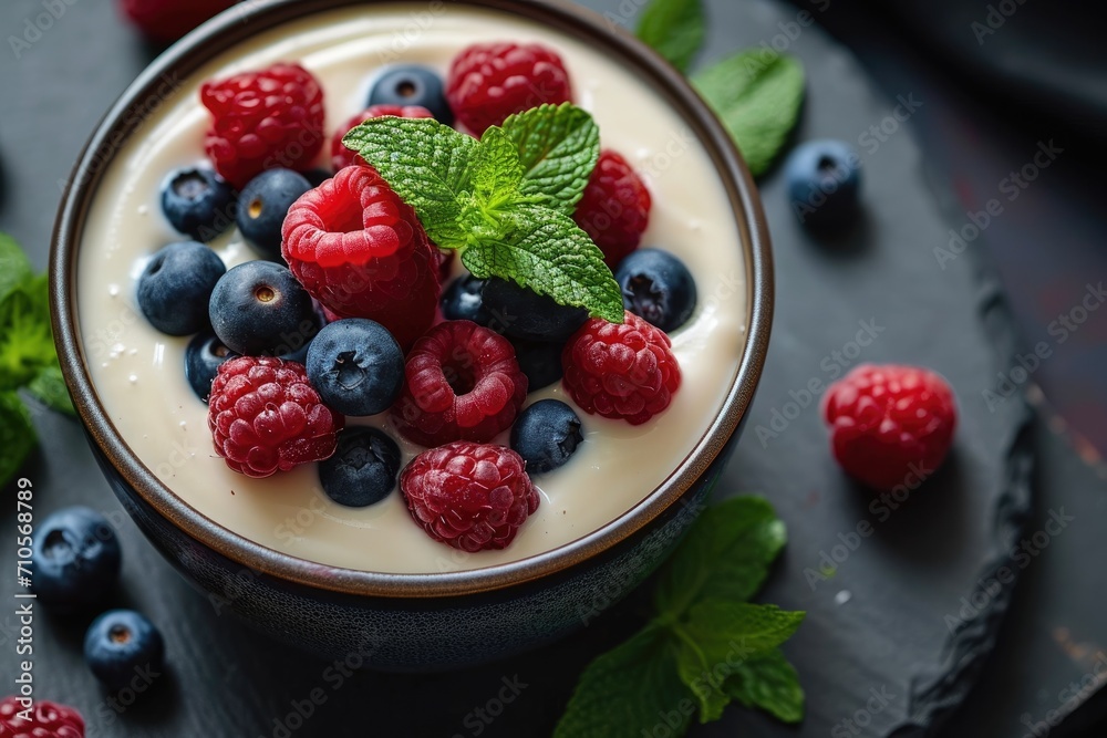 Curd dessert with cream, raspberries, and blueberries garnished with fresh mint Curd dessert with cream, raspberries, and blueberries garnished with fresh mint