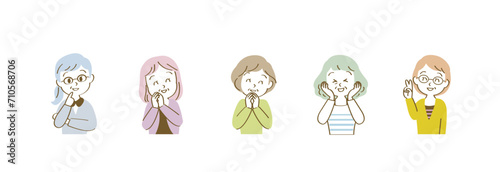 吹き出しセリフが似合うポジティブな表情の50代女性アイコンセット/横長/カジュアル/フルカラー
