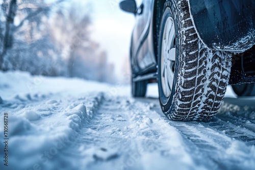 Close-up image of a car tires on the road in winter. © Lubos Chlubny