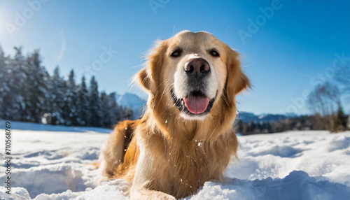 A golden retriever in the snow in a sunny day photo