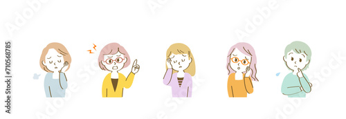 吹き出しセリフが似合うネガティブな表情の40代女性アイコンセット/横長/カジュアル/フルカラー
