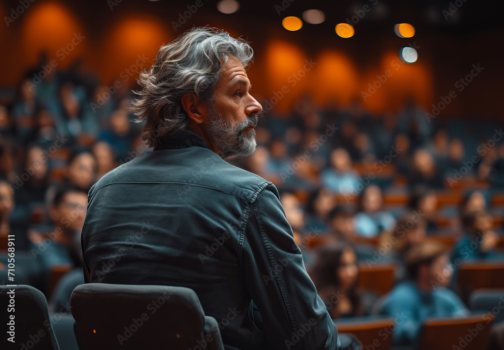 An employee is presenting to a room full of people. A man sitting in