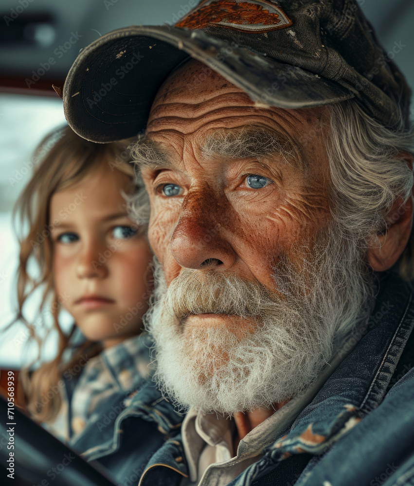 An adult and a child sitting. An older man and a young girl sitting together in a car, enjoying a meaningful intergenerational road trip. An adult and a child sitting. An older man and a young girl sitting together in a car, enjoying a meaningful intergenerational road trip.