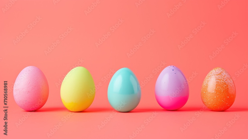 Different neon colored eggs on pink bright background. Easter holiday Different neon colored eggs on pink bright background. Easter holiday