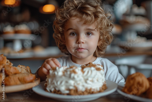 A young boy is eating some cake. A young girl sits at a table  her plate filled with food  ready to enjoy her meal.