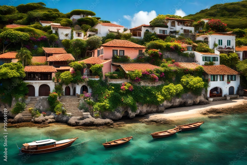 A traditional seaside villa with a terracotta roof, surrounded by lush tropical foliage, overlooking a serene bay with colorful fishing boats bobbing in the water.