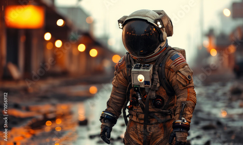 Astronaut in spacesuit carrying suitcase. A man in a space suit is seen casually strolling down a street. photo