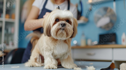 Professional groomer cuts and styles the hair of a small smiling dog. Cute dog in a grooming salon or veterinary clinic. Care concept, home pet.