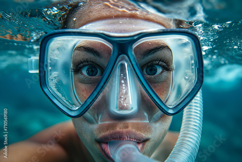 A young woman wearing diving goggles and a snorkel for breathing underwater. © Dzmitry