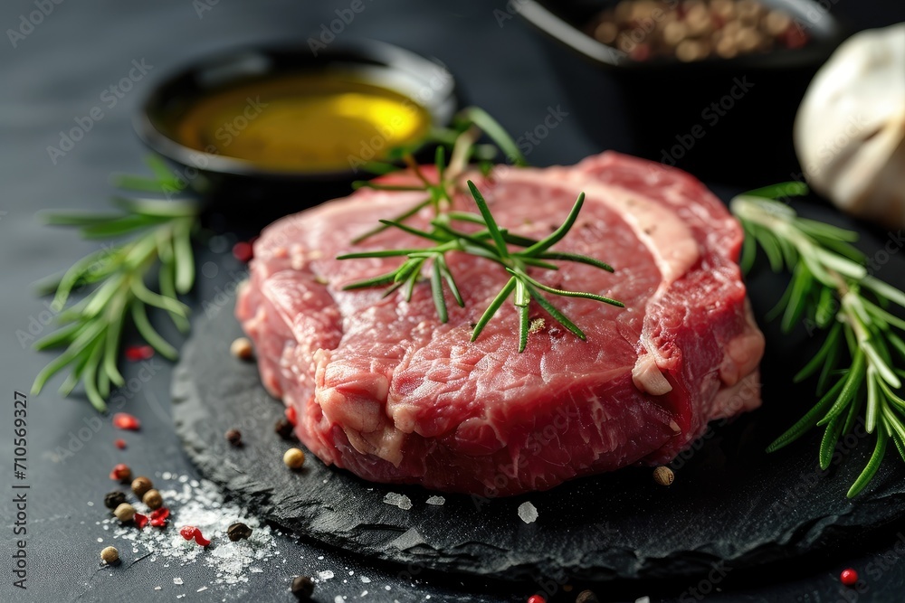 Raw pork steak with rosemary and spices.