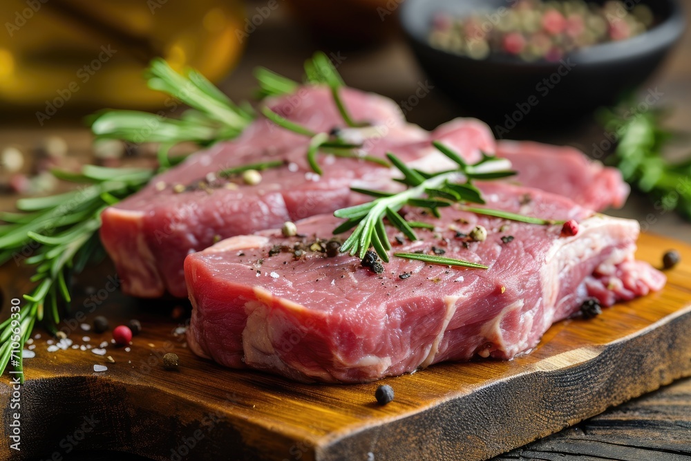 Raw pork steak with rosemary and spices.