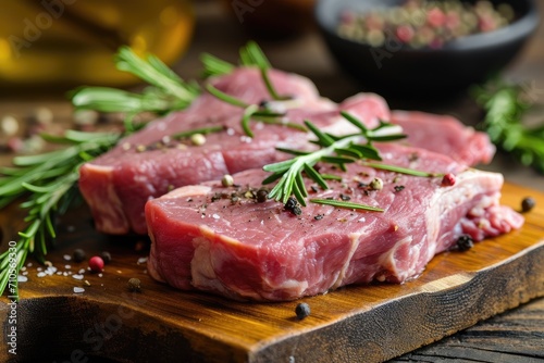 Raw pork steak with rosemary and spices.