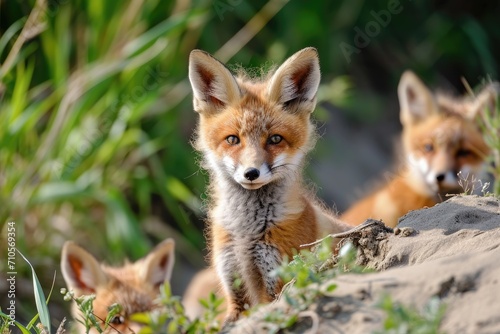 Red fox, cubs looking around near den
