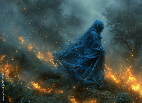 Figure dressed with blue cloth in a forest. A lone figure in a blue cloak stands gracefully atop a green hill. © Vadim