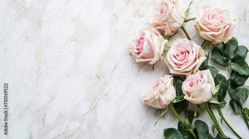 Elegant Pink Roses on Marble, Shabby Chic Floral Display, Soft Rose Bouquet on Textured Surface, pink roses on wooden background, Valentine's Day, Copyspace © Udari