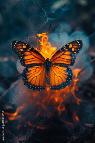 A vibrant butterfly set against the contrast of dark smoke and bright flames.