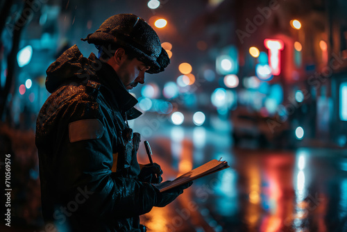 Portrait of a policeman taking notes on documents at night on a city street