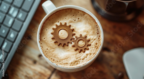 Creative coffee break concept with gear symbols in froth, modern work fuel and stimulus