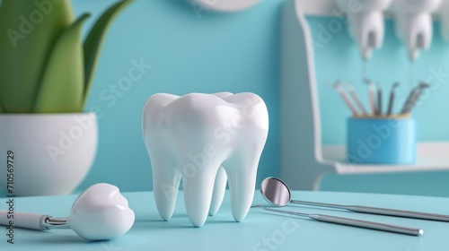 3d object illustration for dentist tooth with tools of medical health care for dental clinic hospital business