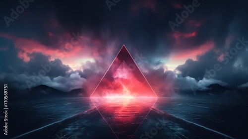 3d render, abstract background. Neon light glowing inside the cloud and neon triangular shape