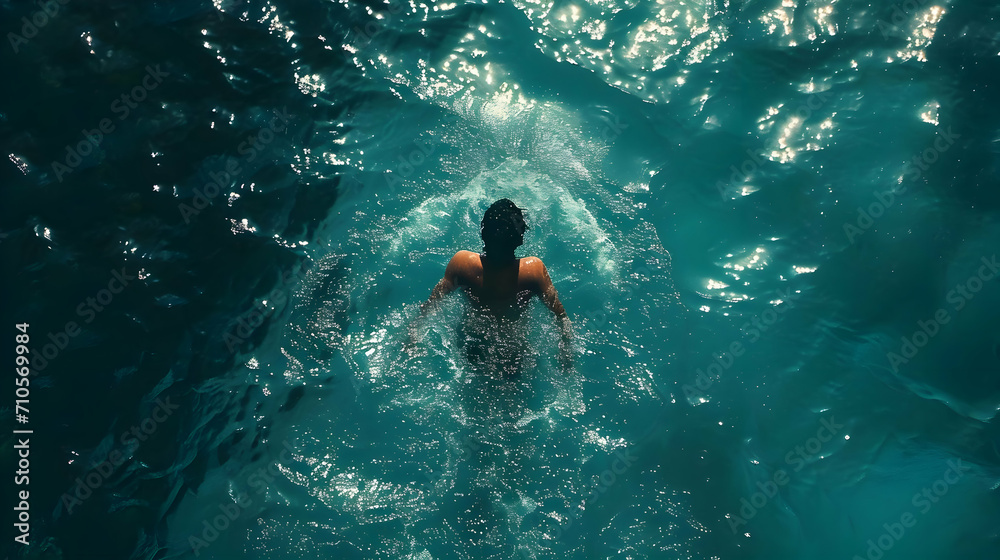Top view of woman swimming in the sea cinematic photo. High quality