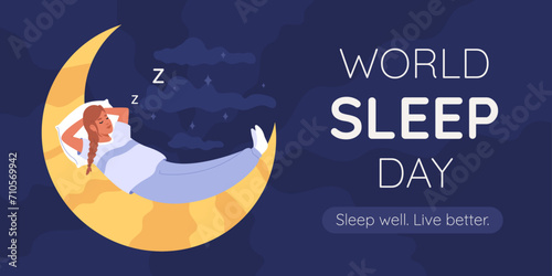 World sleep day. Banner with woman sleep well on moon in sky clouds and starry backgrounds. Vector illustration photo