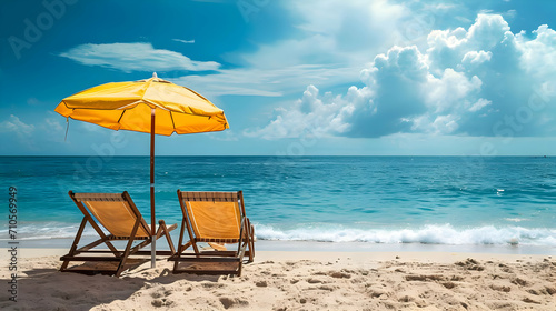 Two sun loungers under the yellow umbrella on the beach. Vacation sunny photo with clouds in the sky. High-resolution