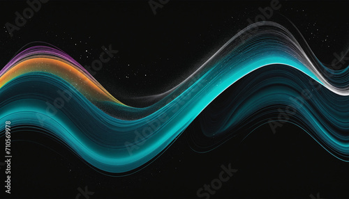 Vibrant VHS style rainbow teal white psychedelic grainy gradient color flow wave on black background, music cover dance party poster design. Retro Colors from the 1970s 1980s, 70s, 80s, 90s style