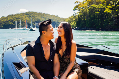 Happy couple enjoying a romantic moment on a luxury yacht with a beautiful sea view on a sunny day. © apratim