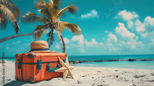 Suitcase and hat on the beach under the palm leaves. Vacation sunny photo with clouds in the sky. High-resolution © fillmana